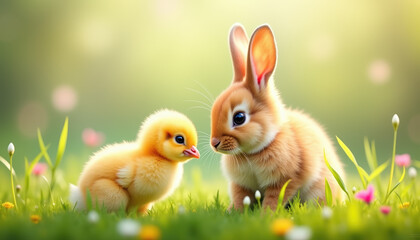 An adorable bunny and chick sharing a playful moment in a sunny spring meadow, encapsulating the tenderness of young animals enjoying nature.