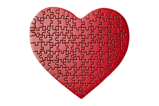 Heart shaped puzzle formed by red pieces in glossy style isolated on white transparent background, symbolizing love, connection, and complexity