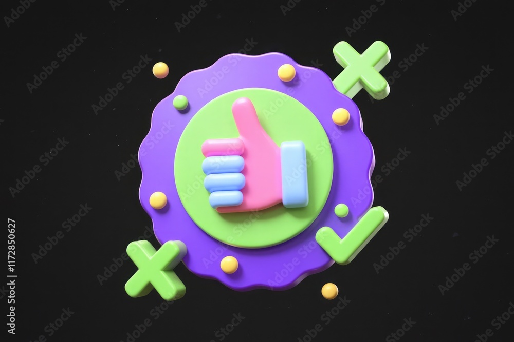 Poster 3d render of a thumbs up symbol with check and cross marks, signifying approval and feedback.