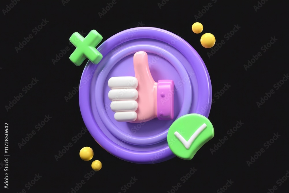 Aufkleber 3D rendering of a thumbs up icon with checkmark and plus sign, signifying approval and positivity.