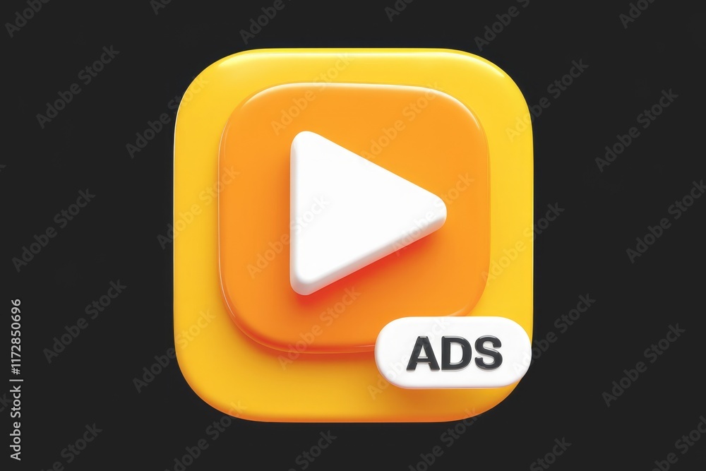 Aufkleber A 3D rendered yellow button with a white play icon and 'ADS' label, indicating a video advertisement.