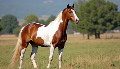 Obraz premium An elegant brown and white horse grazing peacefully in a picturesque meadow, embodying the essence of tranquility and the beauty of the great outdoors.