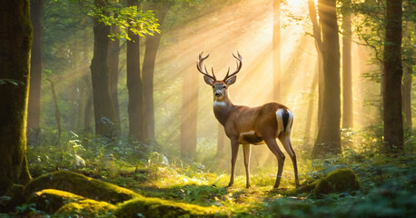 A magical forest scene with a majestic deer standing gracefully in a clearing