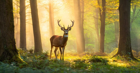 A magical forest scene with a majestic deer standing gracefully in a clearing
