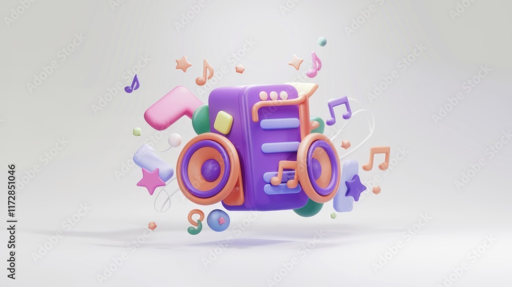 Poster a 3d rendering of a colorful music player with speakers and musical notes, evoking joy and playfulne