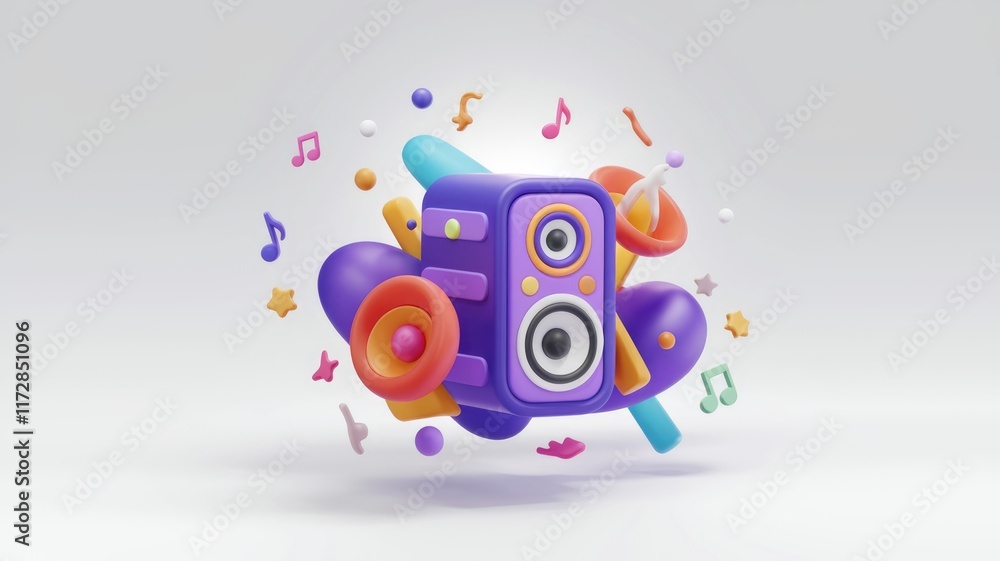 Poster a 3d rendered image of a colorful speaker surrounded by musical notes and abstract shapes, symbolizi