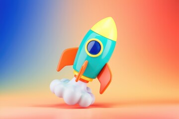A colorful cartoon rocket launching against a vibrant gradient background.