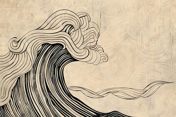 wave curling line art black beige background