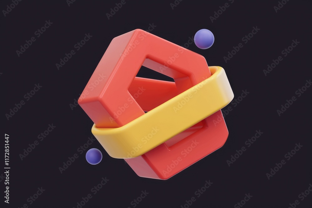 Poster Abstract 3D rendering of interlocking geometric shapes in red and yellow with purple spheres.
