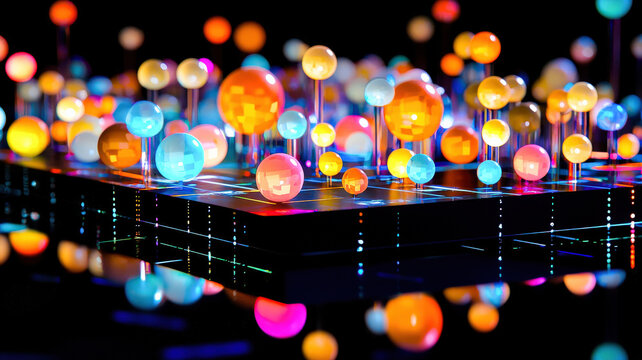 A polished 3D scatter plot with glowing spheres of varying sizes and vibrant colors, elegantly arranged on a reflective black base. The futuristic design enhances data visualization