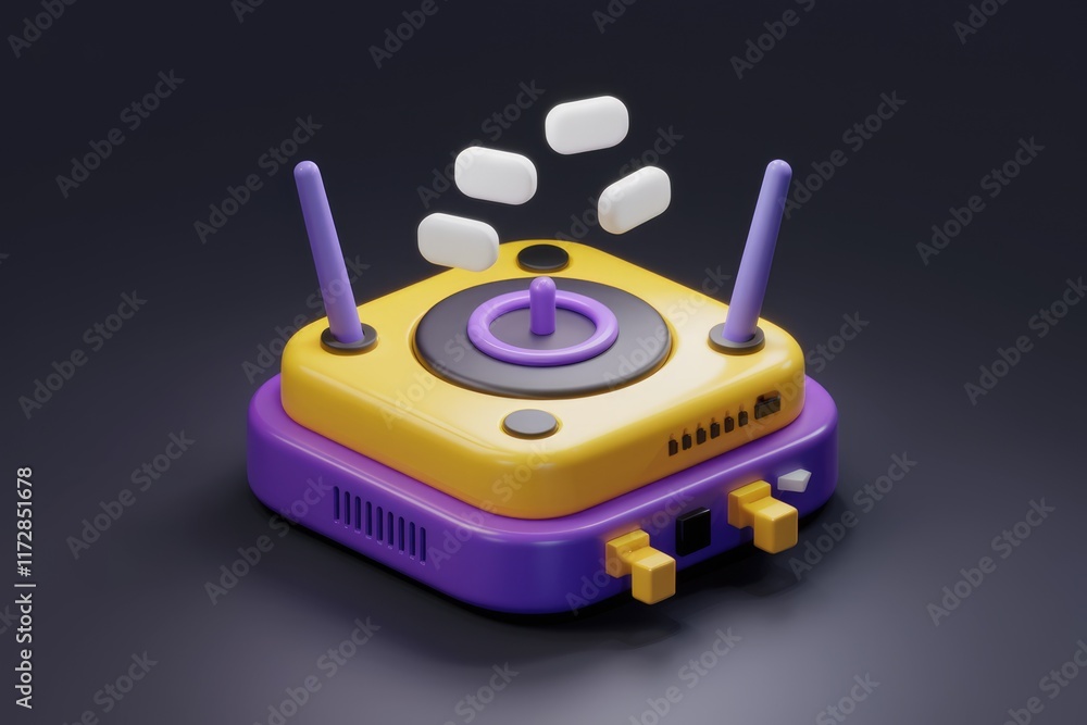Poster a stylized 3d render of a router emitting wireless signals, depicted with vibrant yellow and purple 