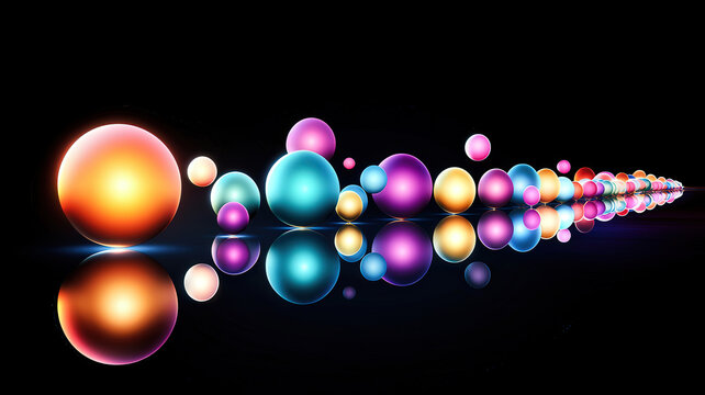 A polished 3D scatter plot with glowing spheres of varying sizes and vibrant colors, elegantly arranged on a reflective black base. The futuristic design enhances data visualization