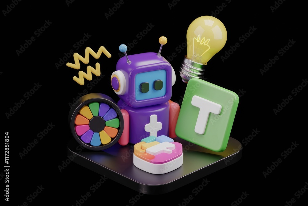Fototapete a colorful 3d robot with a lightbulb, representing creativity and innovative ideas in technology.