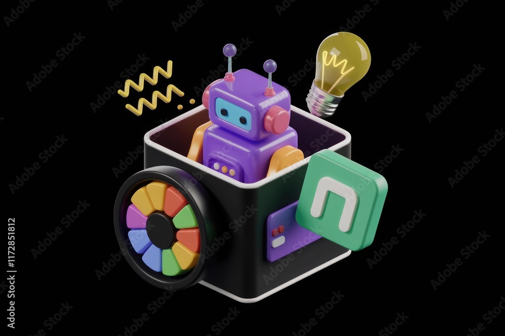 Fototapete a colorful 3d robot inside a box with a lightbulb, symbolizing creative ai solutions.