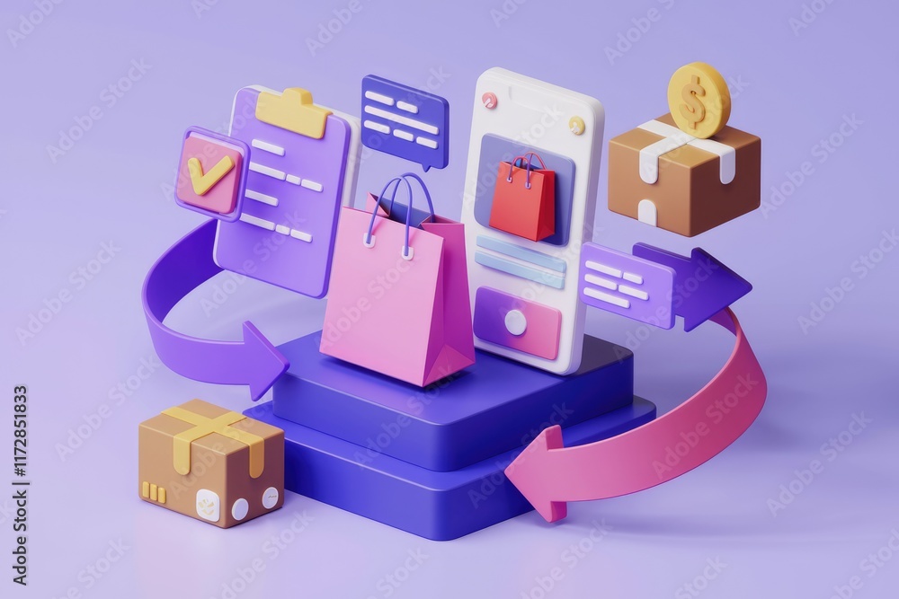 Poster online shopping process visualized with 3d models of a smartphone, shopping bags, packages, and arro