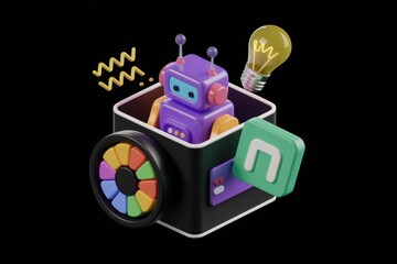 A colorful 3D robot inside a box with a lightbulb, symbolizing creative AI solutions.