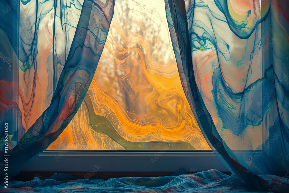 Poster abstract blue curtains with colorful swirls are blowing in the wind in front of a window with orange
