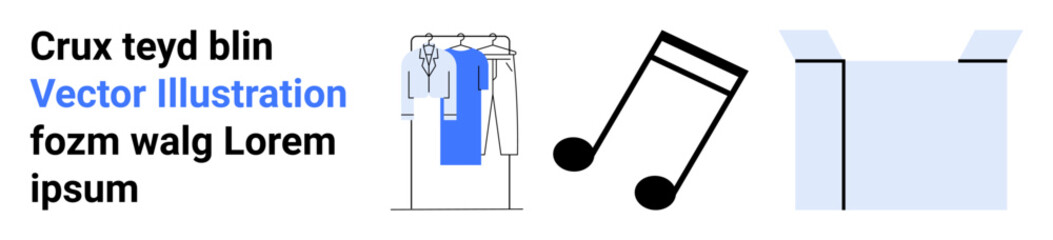 Clothing rack with hanging shirts, large musical note, and cardboard box under abstract text. Ideal for retail, e-commerce, music, storage, organization packaging and warehouse themes. Landing page