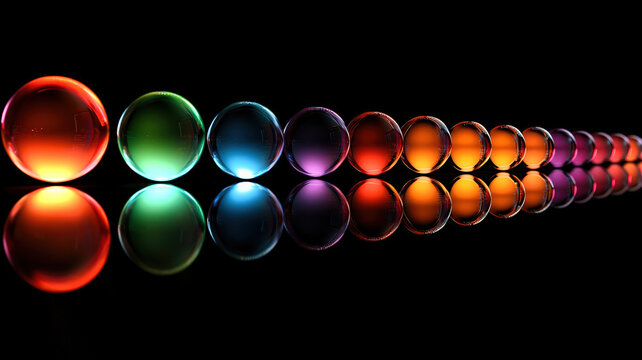 A polished 3D scatter plot with glowing spheres of varying sizes and vibrant colors, elegantly arranged on a reflective black base. The futuristic design enhances data visualization