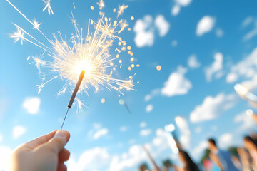Hand holding a sparkler against a bright blue sky with clouds; other people holding sparklers are blurred in the background; perfect for celebration or festive occasions