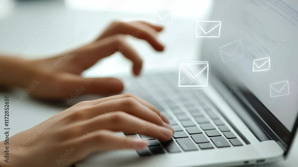 Aufkleber hands typing on a laptop keyboard with email icons appearing on the screen, suggesting communication