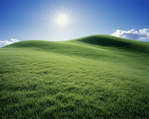 Obraz premium Serene rolling green hills under a bright sunny sky; idyllic pastoral landscape perfect for nature, travel, and environmental themes.