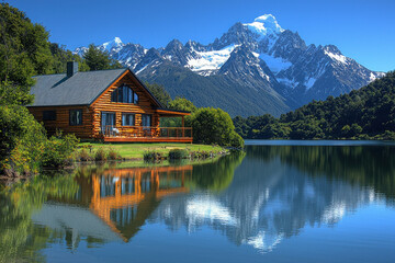 Fototapeta premium Lakeside cabin reflects in mountain lake with snowy peaks