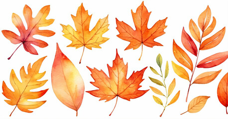 Beautiful watercolor autumn leaves collection with vibrant shades of orange, red, and yellow.