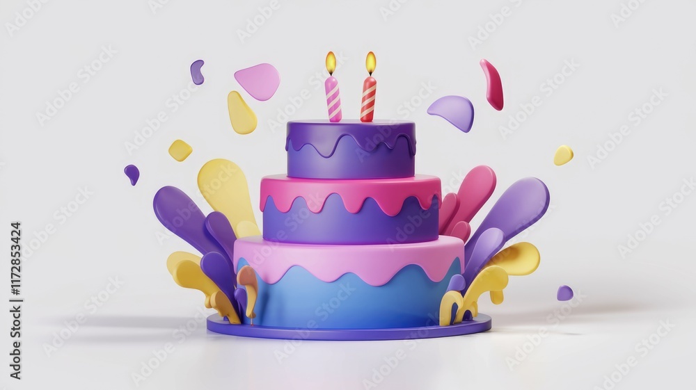 Poster a three-layered birthday cake with two lit candles, surrounded by colorful abstract shapes.