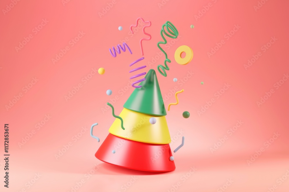 Fototapete A layered cone structure with vibrant colors and playful shapes floating around it, creating a festive and joyful mood.