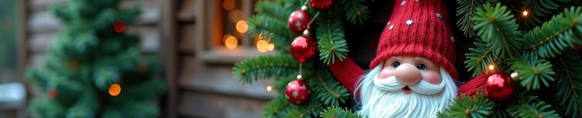 Gnome peeking from behind a festive holiday wreath, cabin, evergreen, shingles