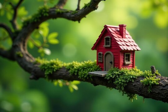 A miniature red cottage perches on a cypress branch, foliage, cottage, treehouse
