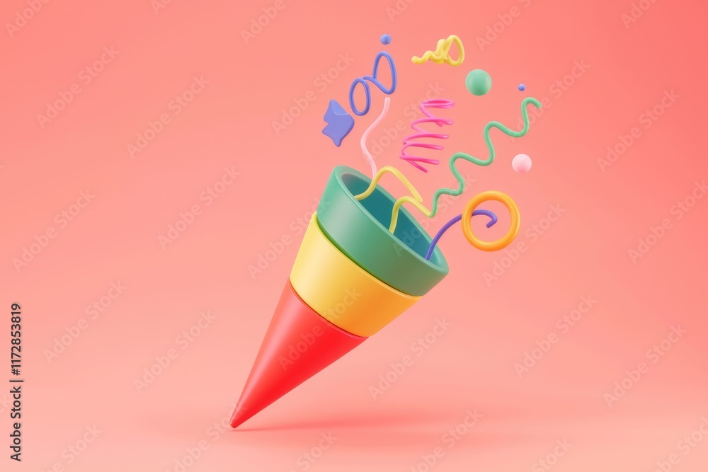 Poster A colorful 3D rendering of a party cone exploding with joy and vibrant shapes.