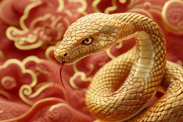 Fototapeta premium Golden snake coiled amidst red clouds.