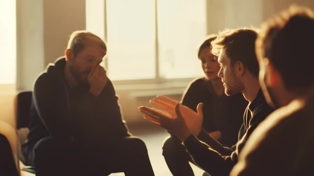 Young man is actively participating in a psychotherapy session, gesturing with his hands as he speaks while others listen intently in a supportive environment with warm lighting