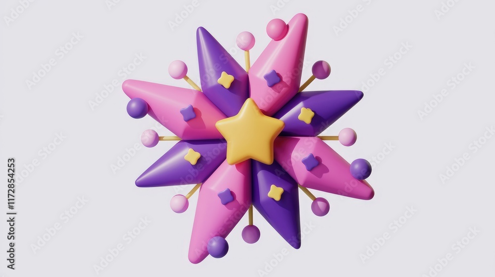 Poster a vibrant 3d rendering of a starburst design with pink and purple elements.