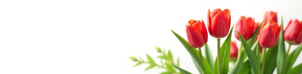 Fototapeta premium A bright red tulip nestled among lush green leaves against a white background, botanical, flora, red tulip