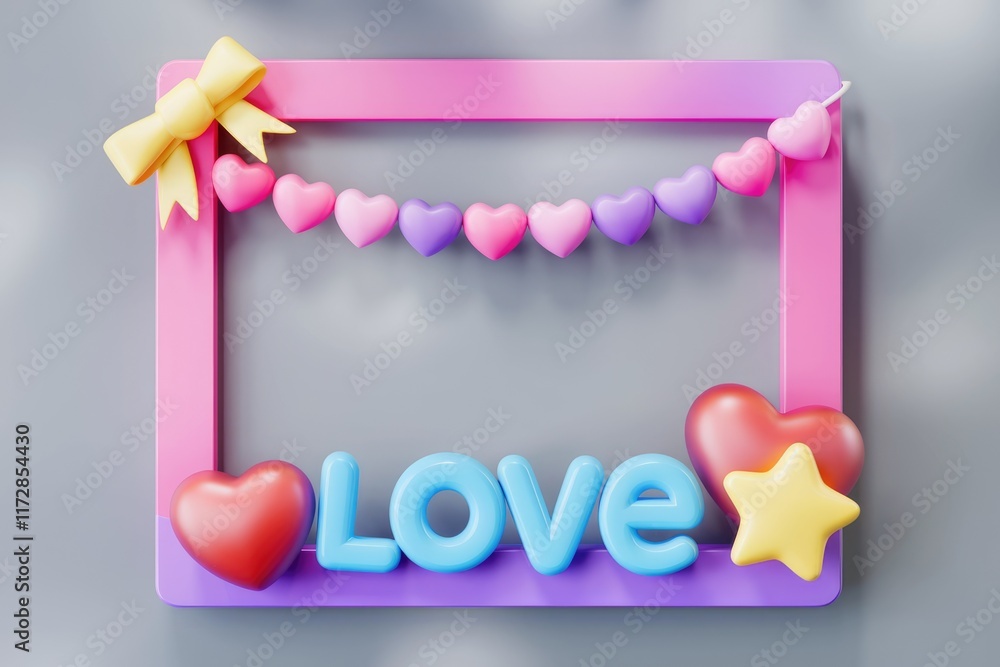 Poster a 3d rendering of a colorful frame with hearts, a bow, and the word 'love', perfect for valentine's 