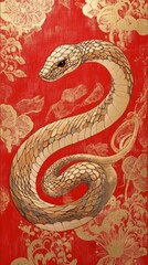 Obraz premium Elegant beige snake coiled on red floral background.