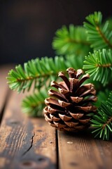 a pinecone and evergreen branch on a wooden table, wooden table, pinecones