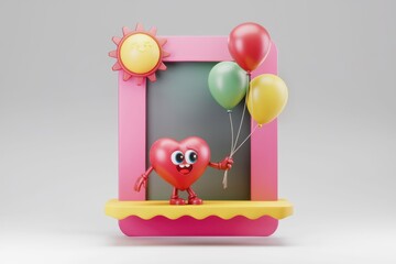 A cheerful heart character holding balloons near a pink frame with a sun, conveying joy and celebration.
