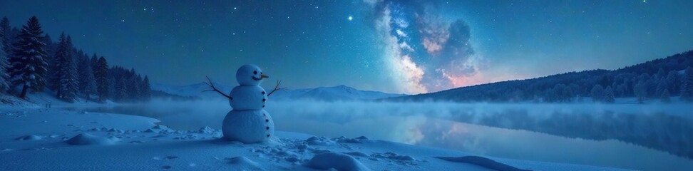 Obraz premium A lone snowman in the frozen lake under a starry sky, foggy, stars