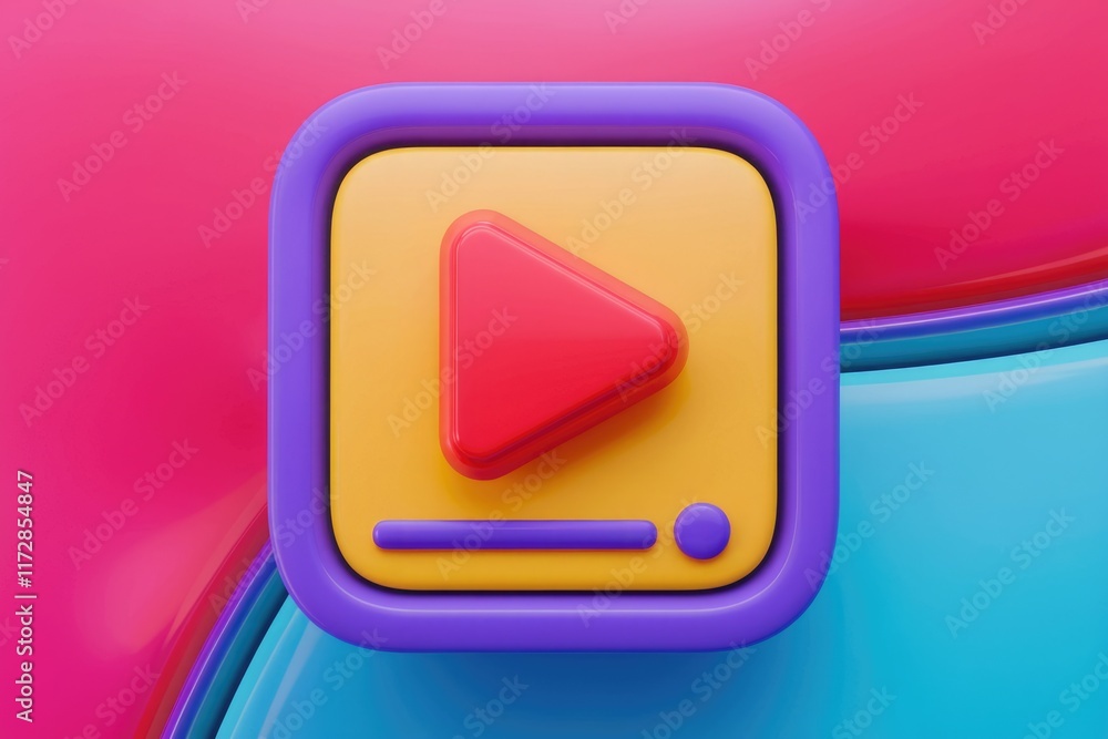 Poster a vibrant 3d play button icon on a colorful background, signifying media playback.