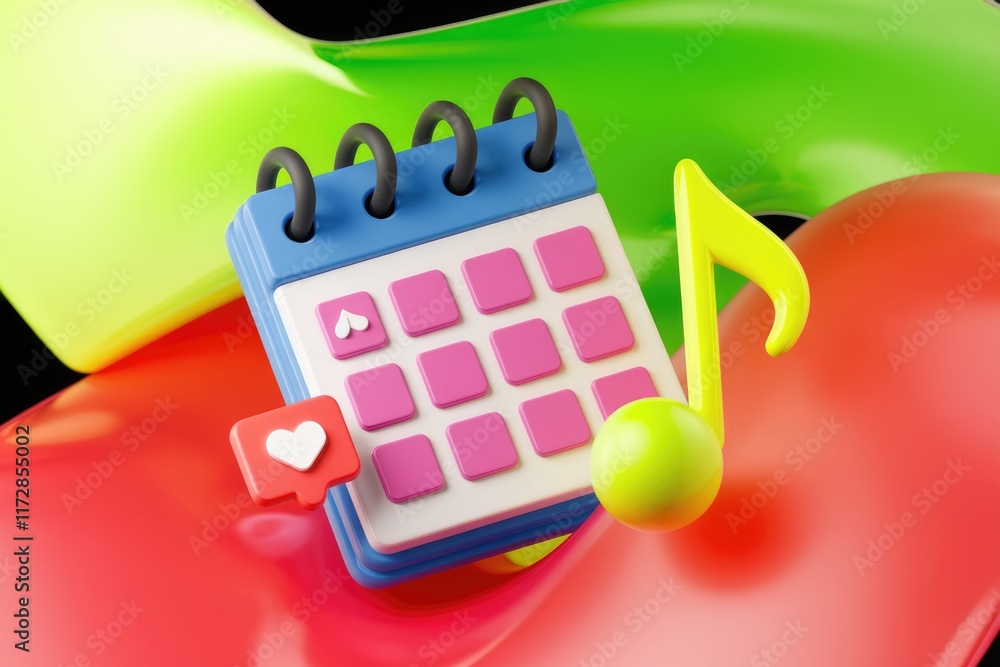 Poster A 3D rendered calendar with music note and heart icons, symbolizing scheduling events or concerts.