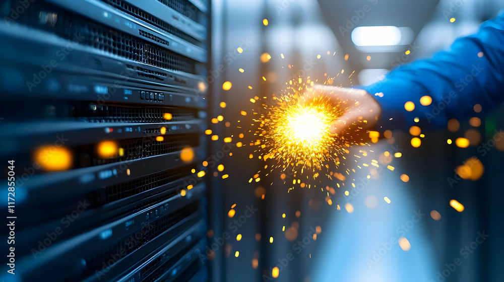 Poster technician sparks innovation in data center; server rack background; digital transformation concept;
