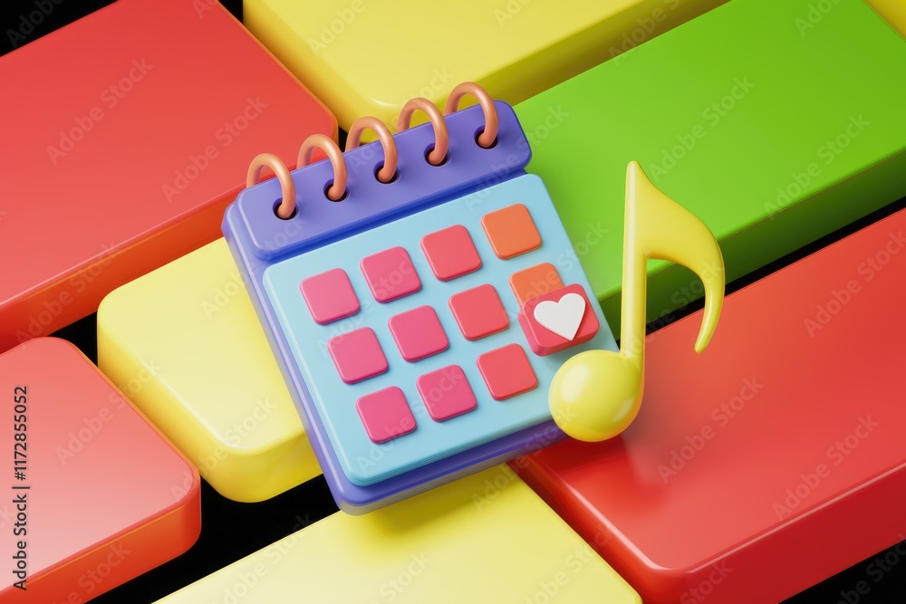 Aufkleber 3d render of a colorful calendar with a musical note and heart, symbolizing a music event.