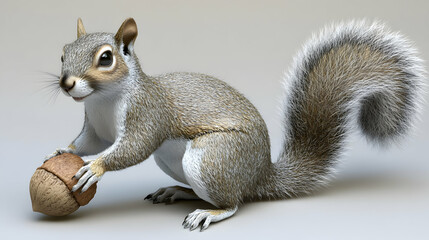 Adorable grey squirrel holding an acorn, 3D rendered image, perfect for children's books, websites, or educational materials.