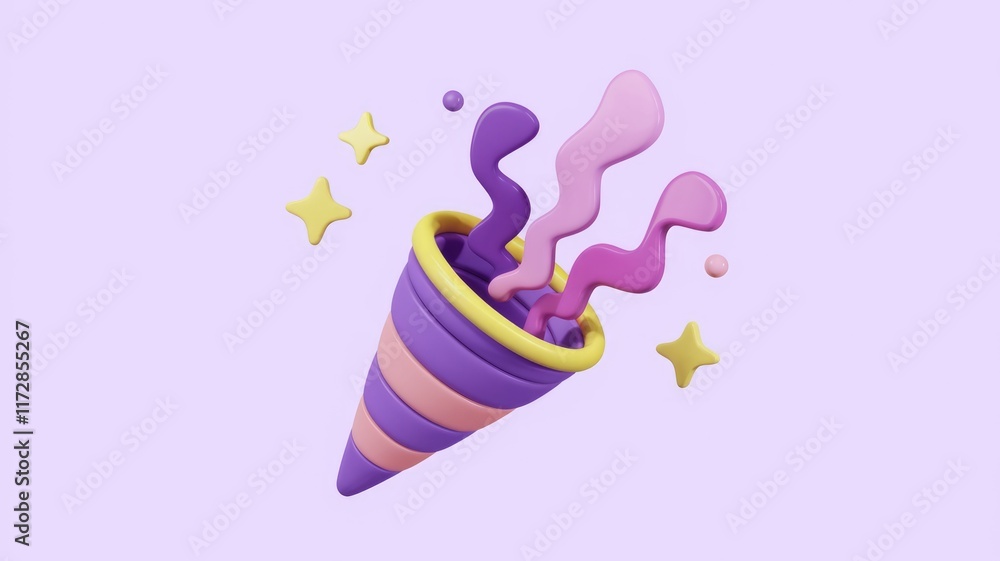Poster a 3d rendered party popper with colorful streamers exploding, celebrating festivities.