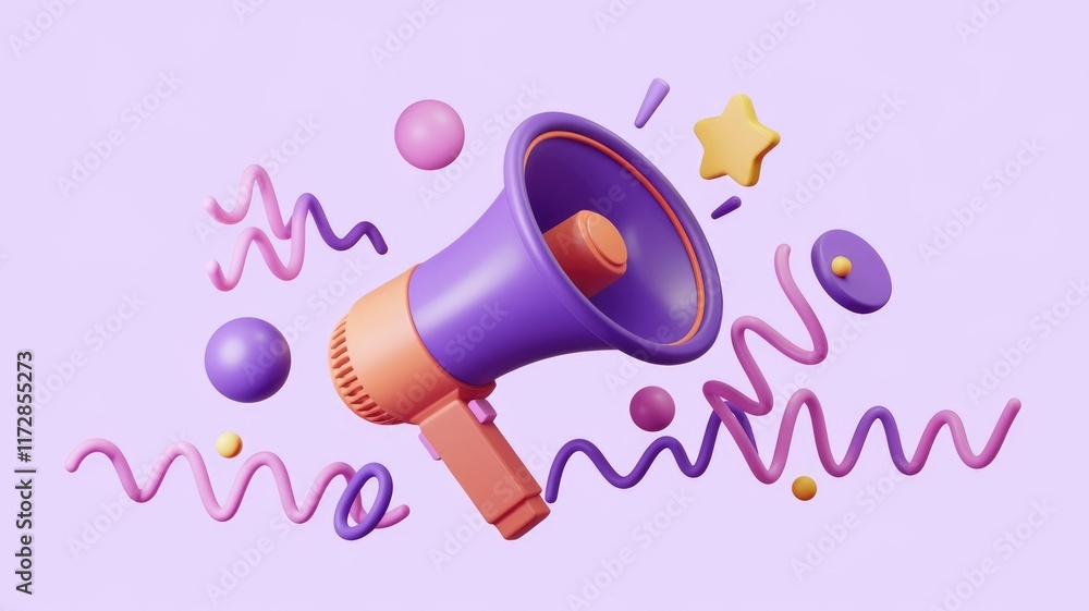 Aufkleber A 3D rendered image of a purple megaphone surrounded by colorful abstract shapes, conveying a message of announcement or promotion.
