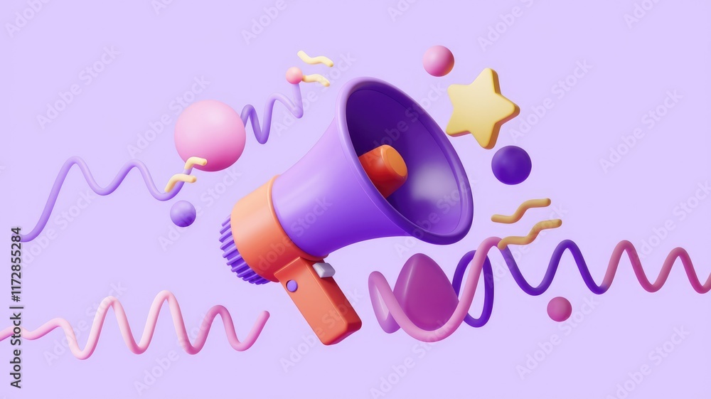 Poster a 3d rendered image of a purple megaphone surrounded by colorful abstract shapes, symbolizing vibran